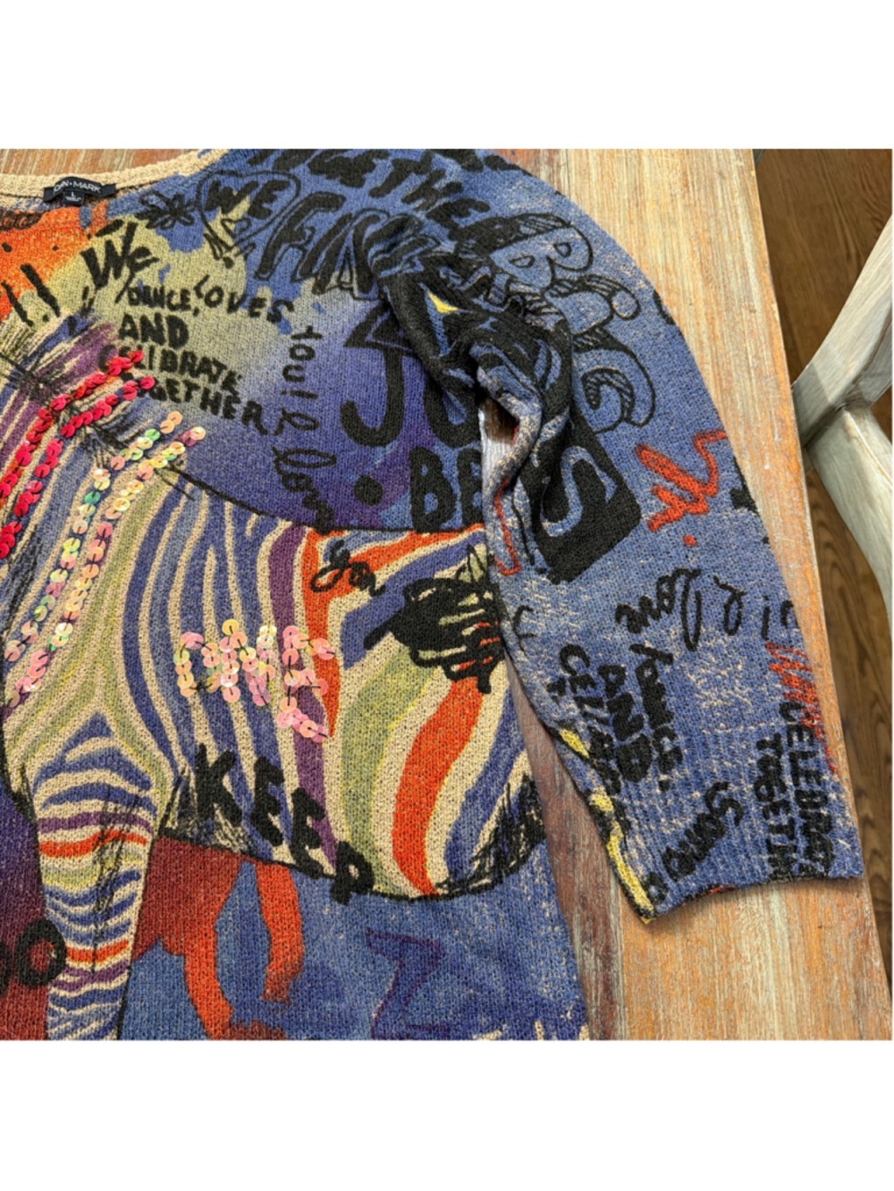 John Mark L Zebra Graffiti Graphic Knit Sweater Tunic Sequins Textured Artsy - Picture 4 of 11